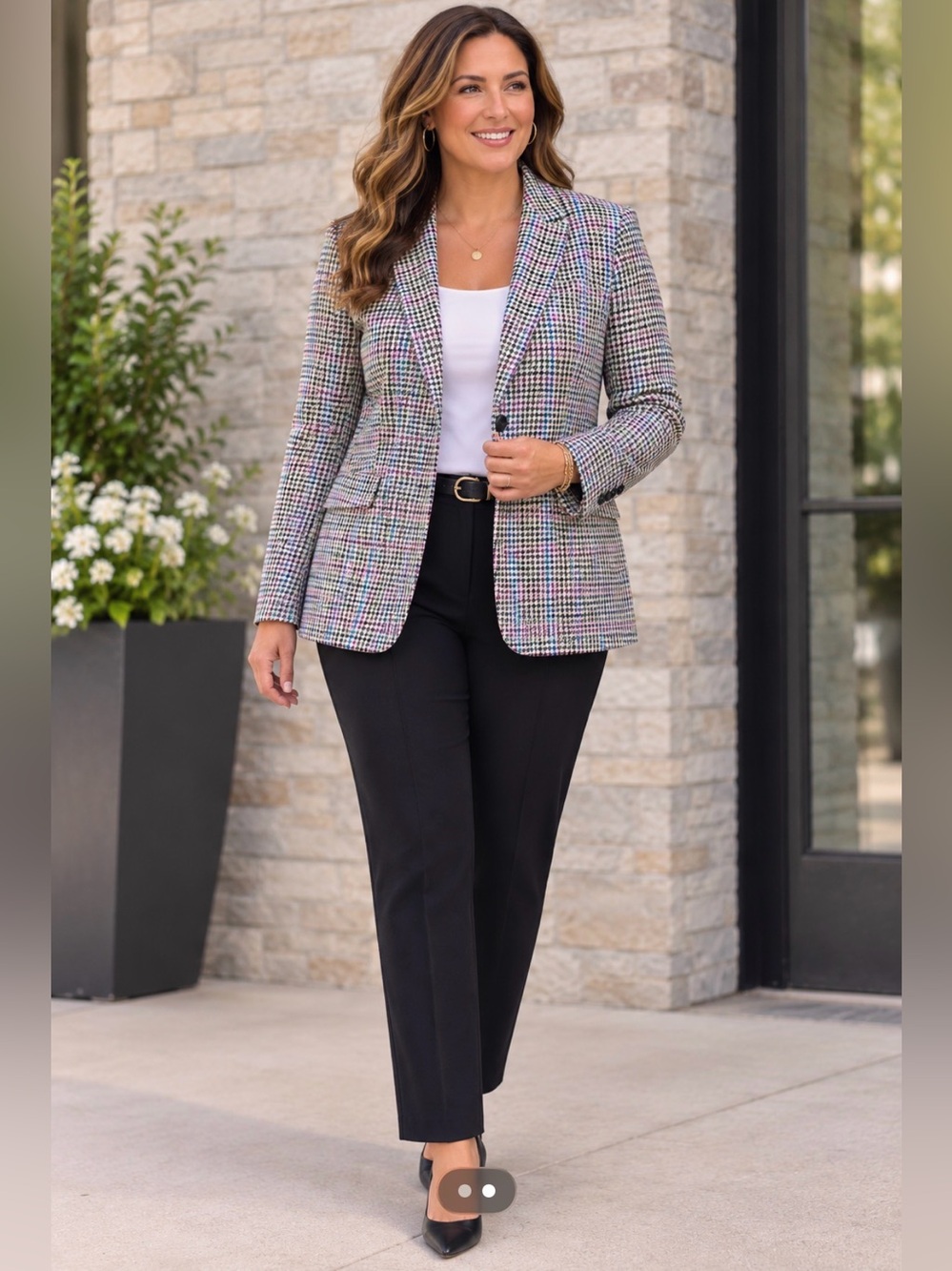 Talbots Houndstooth Blazer in Black, White, purple, blue, green & Pink